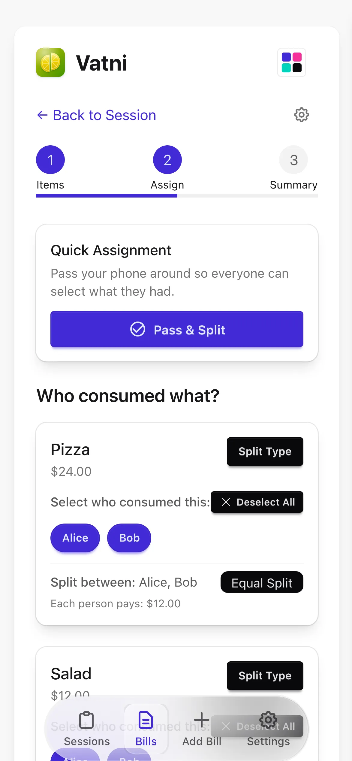 Bill editor: assigning items