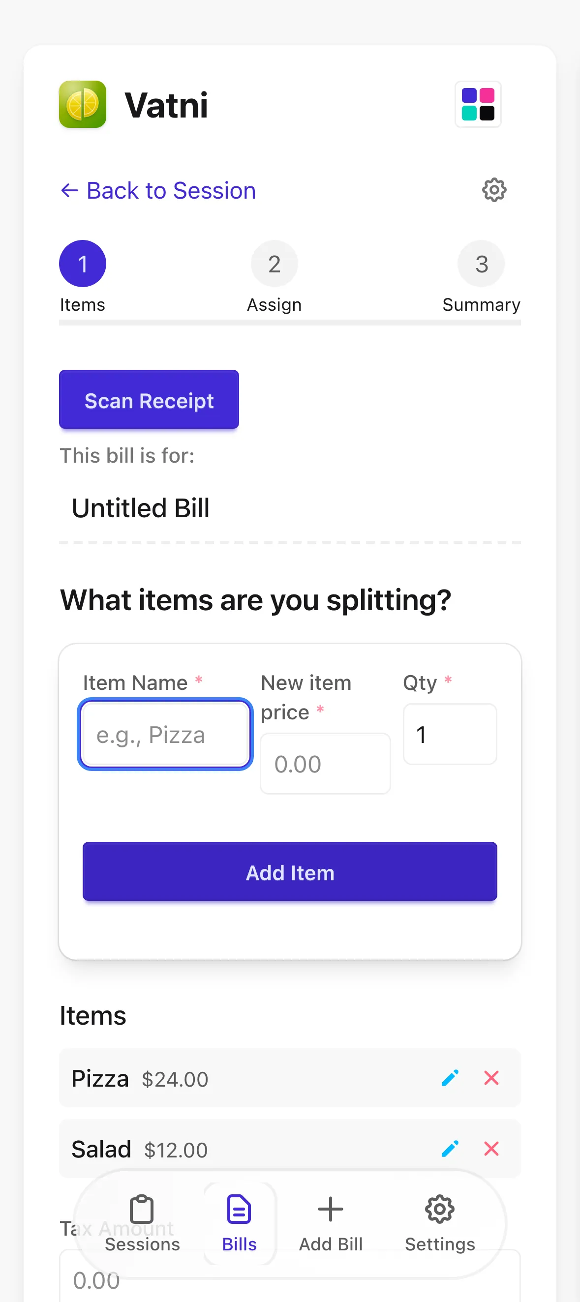 Bill editor: items