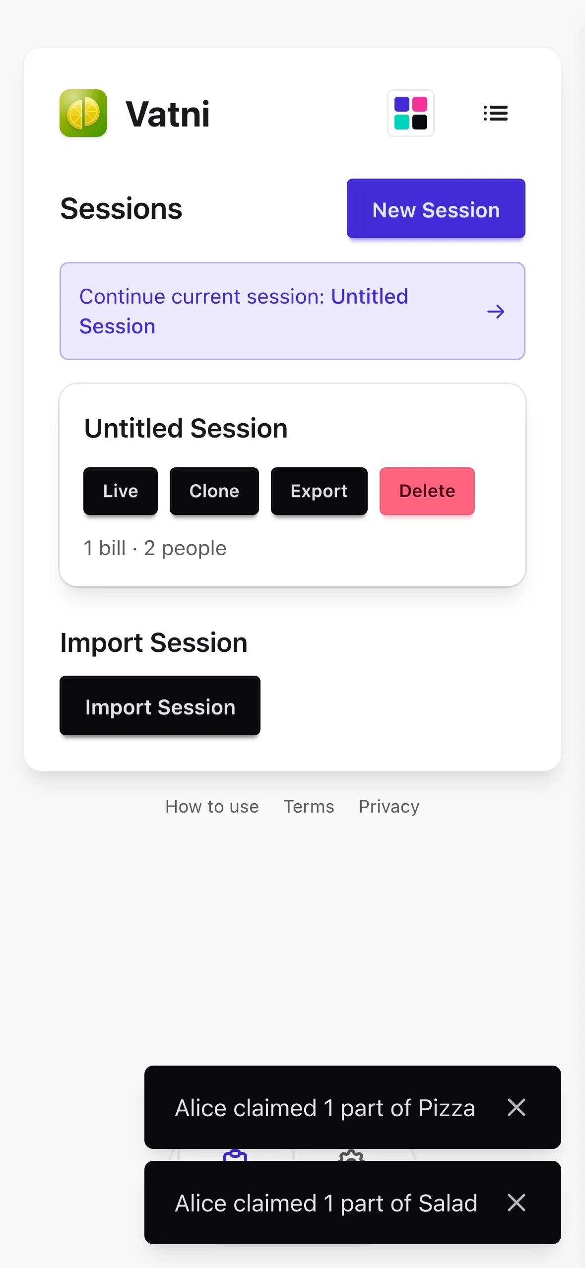 Sessions list